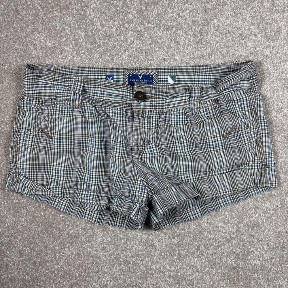 American Eagle Outfitters Plaid Cuffed Shorts Blue Tan Low Rise Womens 8